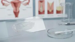 Vetrino da laboratorio con campione di muco vaginale e tampone su piastra di Petri, in ambiente medico