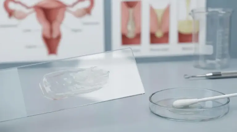 Vetrino da laboratorio con campione di muco vaginale e tampone su piastra di Petri, in ambiente medico