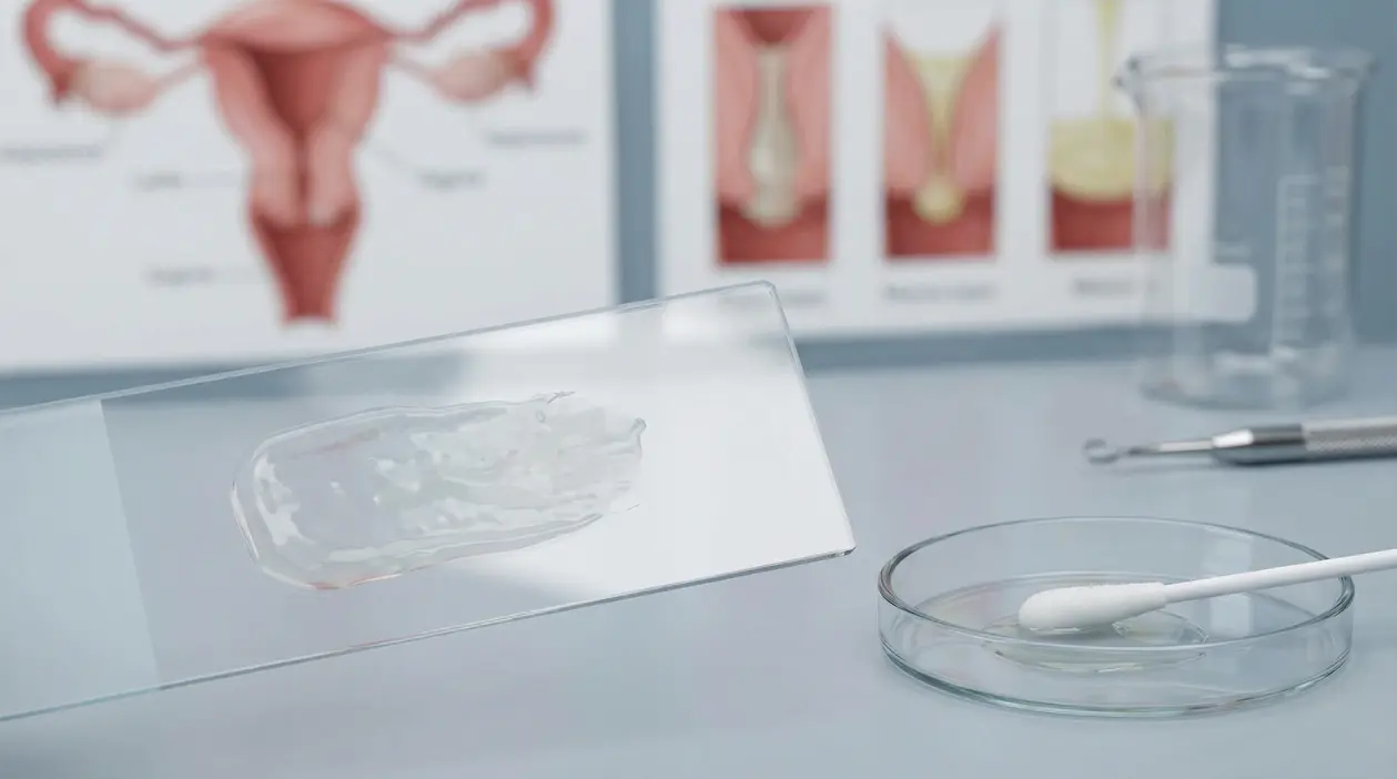 Vetrino da laboratorio con campione di muco vaginale e tampone su piastra di Petri, in ambiente medico