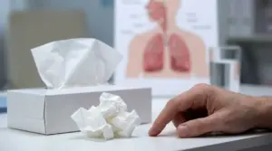 Mano vicino a fazzoletti usati e scatola di fazzoletti su un tavolo, con poster dei polmoni sullo sfondo