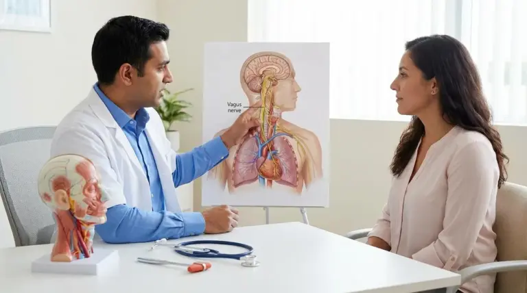 Medico mostra a una paziente un diagramma del nervo vago durante una visita in ambulatorio