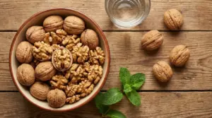Ciotola di noci intere e sgusciate su tavolo in legno, con bicchiere d’acqua e foglie di menta