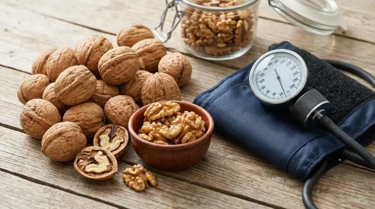 Noci intere e sgusciate accanto a un misuratore di pressione su un tavolo di legno