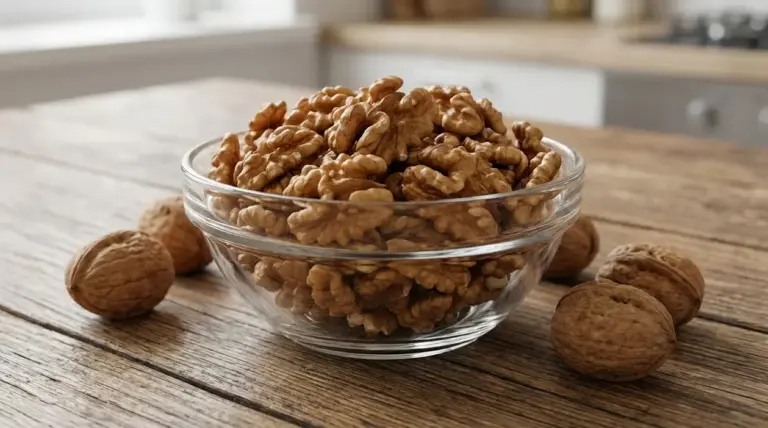 Ciotola di vetro piena di noci sgusciate su un tavolo di legno, con alcune noci intere accanto