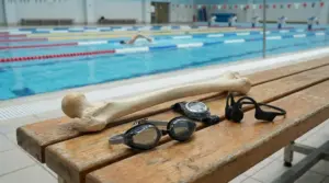 Osso anatomico e accessori da nuoto su una panca a bordo piscina, con nuotatore sullo sfondo