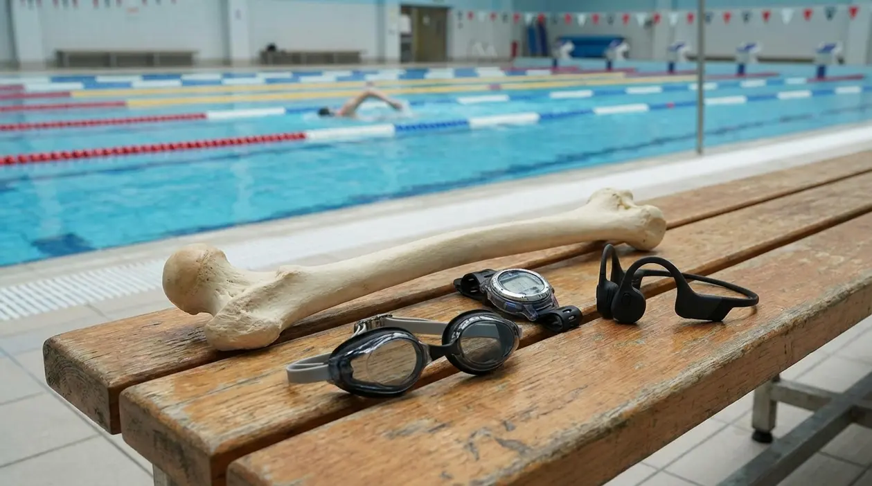 Osso anatomico e accessori da nuoto su una panca a bordo piscina, con nuotatore sullo sfondo