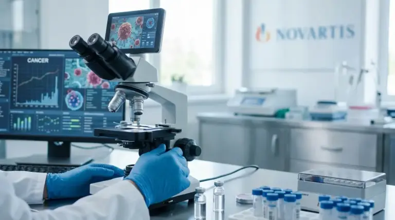 Ricercatore al microscopio in laboratorio oncologico con monitor che mostrano cellule tumorali e dati di analisi