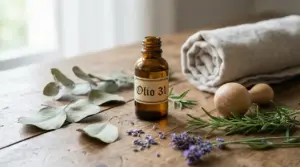 Boccetta di Olio 31 su tavolo con erbe aromatiche, asciugamano e massaggiatore in legno