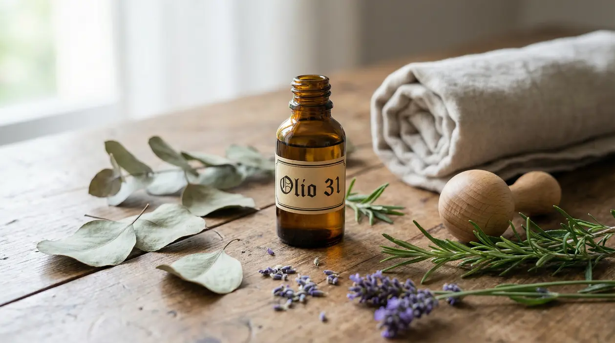 Boccetta di Olio 31 su tavolo con erbe aromatiche, asciugamano e massaggiatore in legno