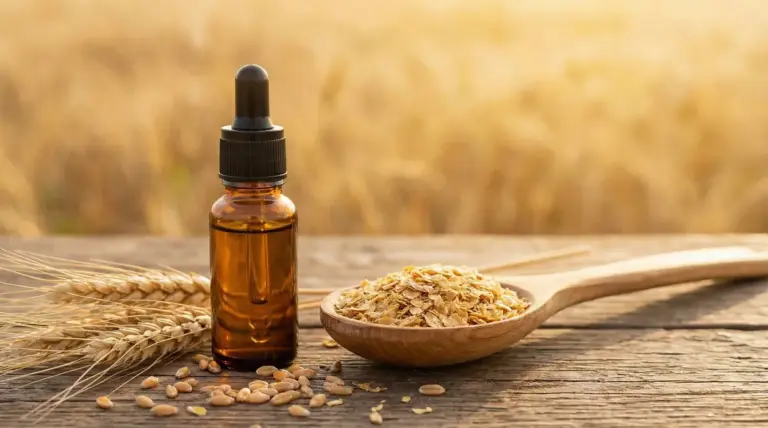 Boccetta con contagocce e chicchi di grano su tavolo di legno, con sfondo di campo di grano