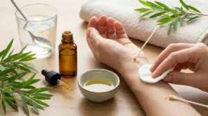 Applicazione di olio di tea tree sulla pelle del braccio con un cotton fioc, accanto a boccetta e foglie di tea tree