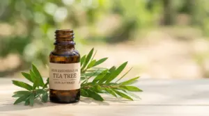 Boccetta di olio essenziale di tea tree con rami e foglie verdi su tavolo di legno, sfondo naturale sfocato