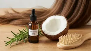 Flacone di olio naturale con rosmarino, cocco e spazzola accanto a lunghi capelli su un tavolo di legno