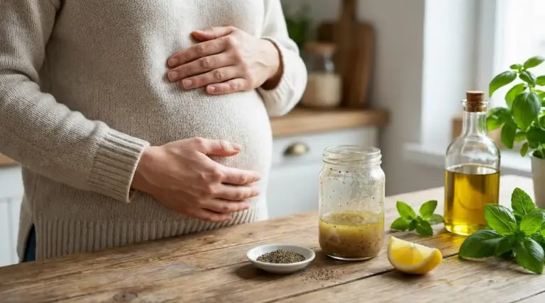 Persona con pancia gonfia dopo mangiato accanto a un condimento con olio, limone ed erbe in cucina