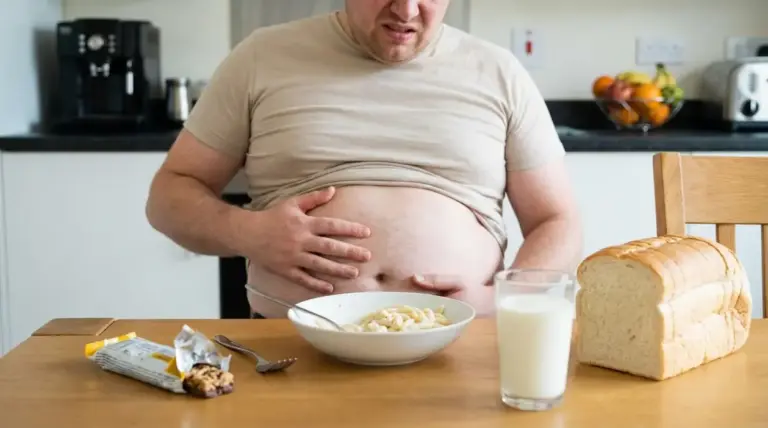 Persona con pancia gonfia seduta a tavola con pane, latte e una ciotola di pasta in cucina