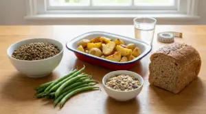 Alimenti comuni che possono favorire la pancia gonfia: lenticchie, fagiolini, patate, cereali integrali e pane