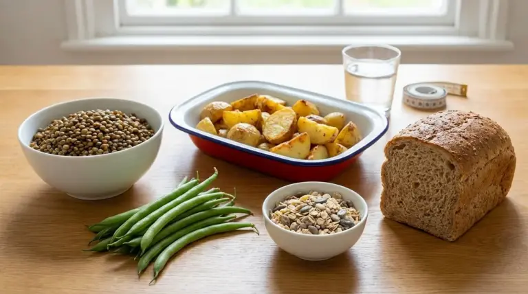 Alimenti comuni che possono favorire la pancia gonfia: lenticchie, fagiolini, patate, cereali integrali e pane