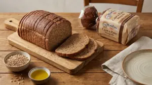 Pane integrale a fette su tagliere di legno con chicchi di grano e olio, ideale per chi ha il diabete