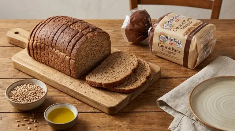 Pane integrale a fette su tagliere di legno con chicchi di grano e olio, ideale per chi ha il diabete