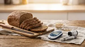 Pane integrale affettato su tagliere accanto a glucometro e chicchi di cereali su un tavolo in cucina