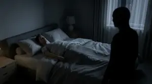 Persona a letto sveglia nel buio, con una figura in ombra vicino alla finestra, atmosfera di paralisi del sonno
