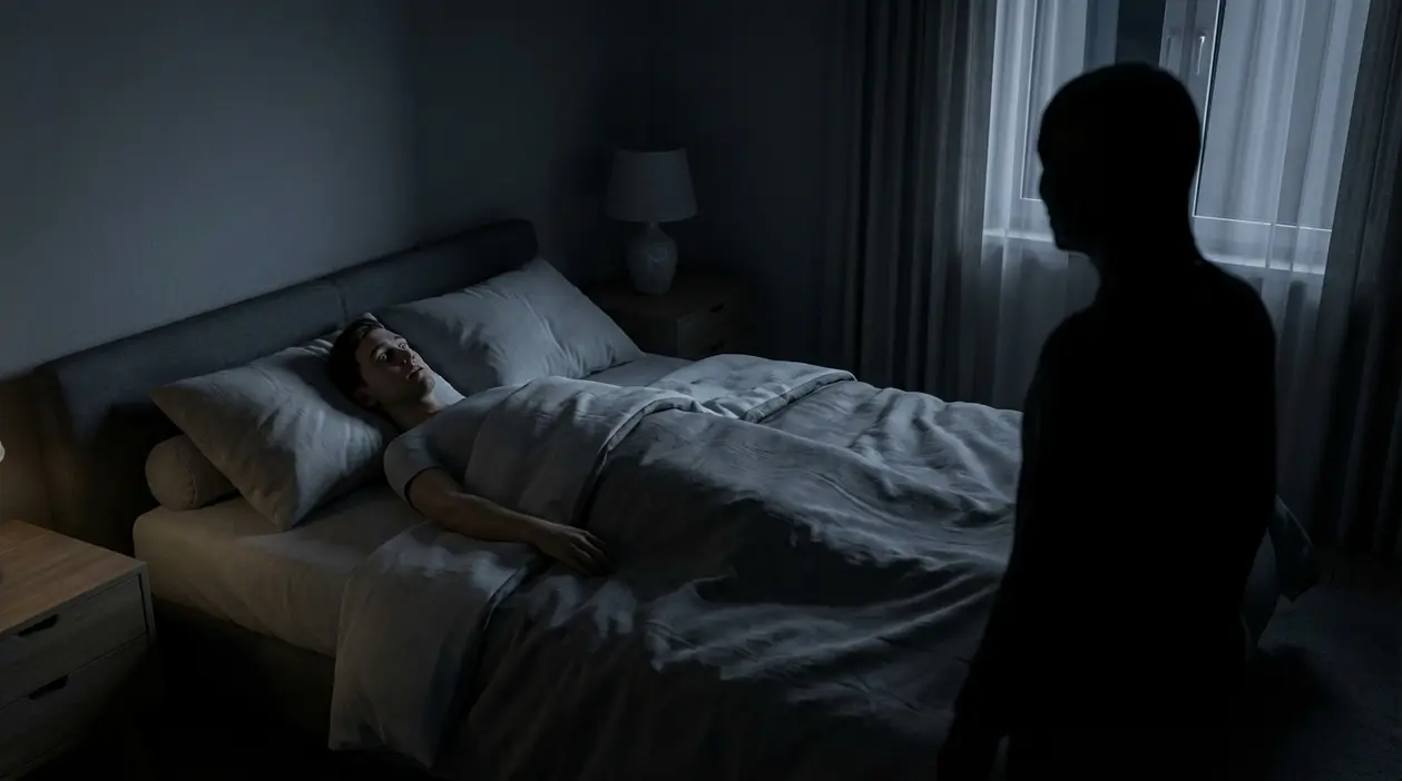 Persona a letto sveglia nel buio, con una figura in ombra vicino alla finestra, atmosfera di paralisi del sonno