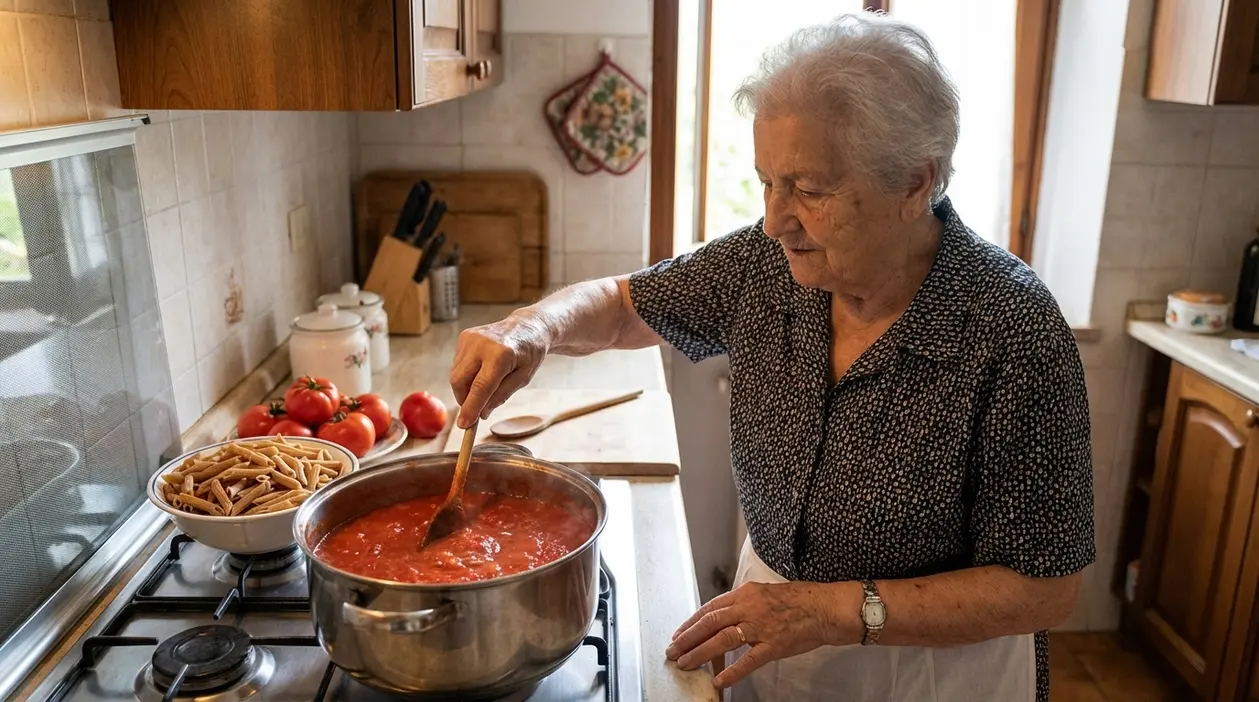 Anziana in cucina mescola salsa di pomodoro sul fuoco accanto a una ciotola di pasta e pomodori freschi