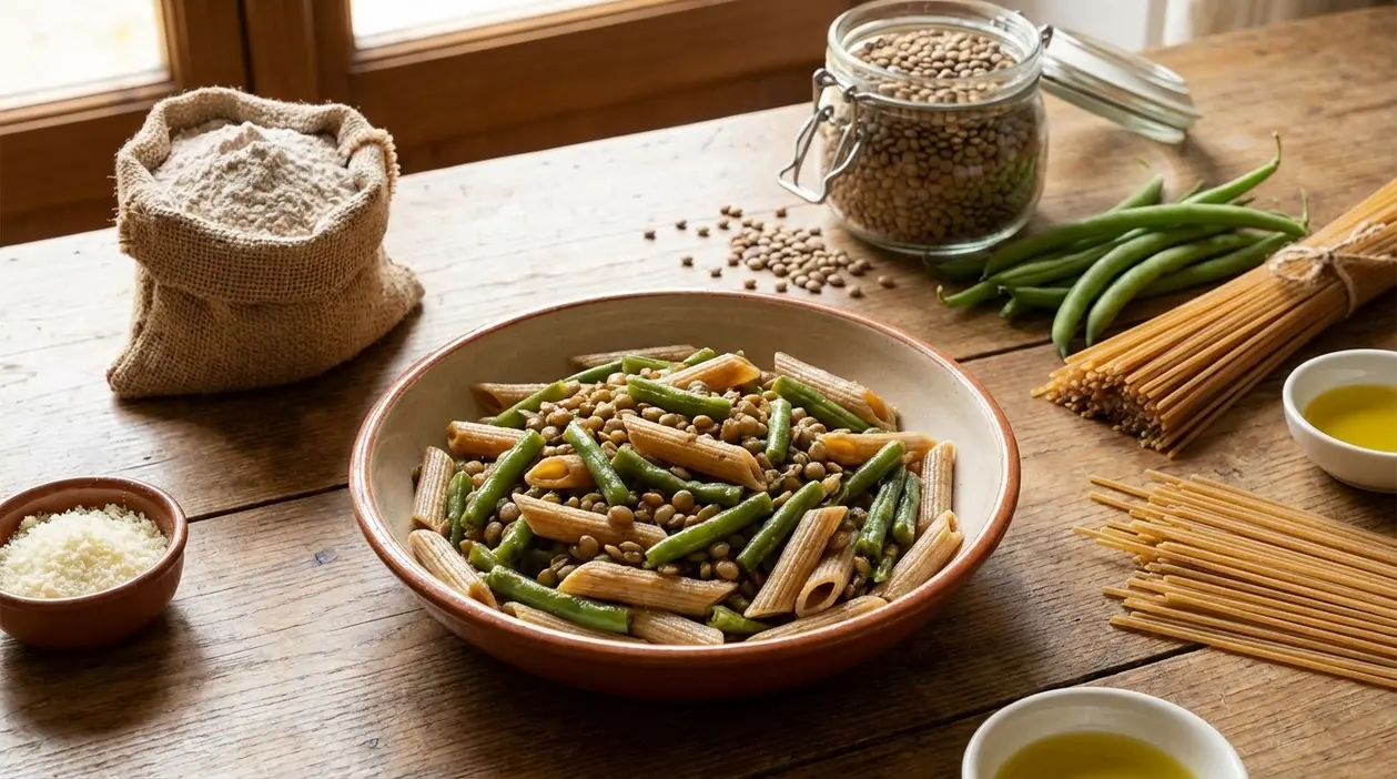 Piatto di pasta integrale con lenticchie e fagiolini su tavolo di legno, con farine e legumi accanto