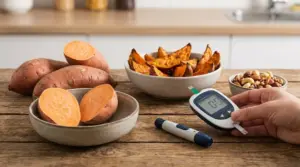 Patate dolci crude e cotte su un tavolo con glucometro, in relazione al controllo della glicemia