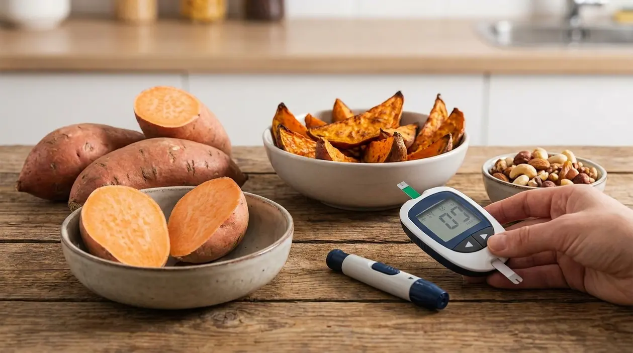 Patate dolci crude e cotte su un tavolo con glucometro, in relazione al controllo della glicemia