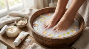 Piedi immersi in una bacinella con acqua, sale e petali per un pediluvio idratante contro pelle secca e screpolata