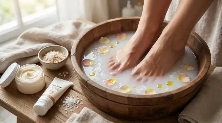 Piedi immersi in una bacinella con acqua, sale e petali per un pediluvio idratante contro pelle secca e screpolata