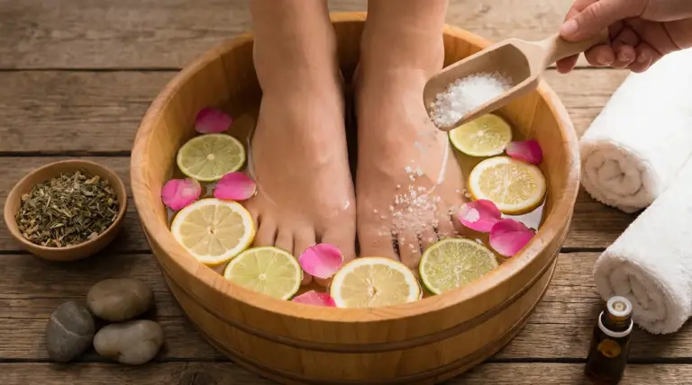 Pediluvio in bacinella di legno con fette di limone e lime, petali e sale versato sui piedi