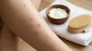 Gamba con puntini rossi da peli incarniti vicino a crema idratante e spazzola per il corpo su asciugamano