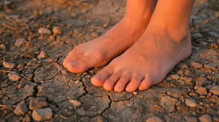 Piedi nudi su terreno arido e screpolato, immagine che richiama bruciore ai piedi e sensazione di calore