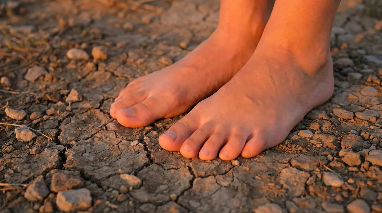 Piedi nudi su terreno arido e screpolato, immagine che richiama bruciore ai piedi e sensazione di calore