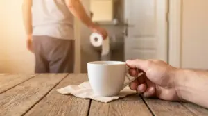 Tazza di caffè su un tavolo mentre una persona si dirige in bagno con un rotolo di carta igienica