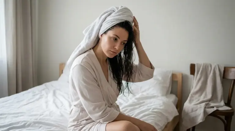 Donna seduta sul letto con capelli bagnati e asciugamano in testa, in camera da letto