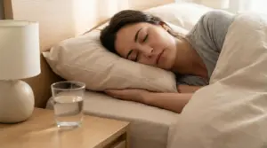 Donna che dorme su un fianco con una macchia di saliva sul cuscino, in camera da letto