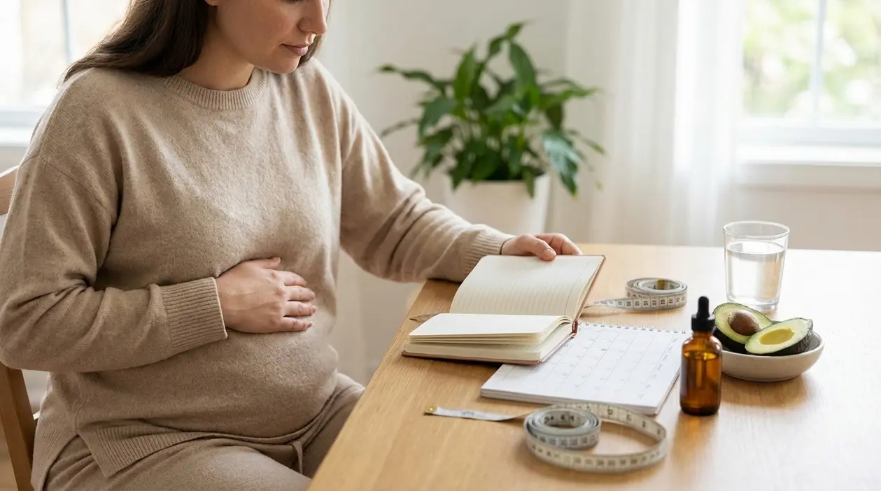 Persona seduta al tavolo con agenda, calendario e metro da sarta, con avocado e acqua, in un contesto di benessere ormonale