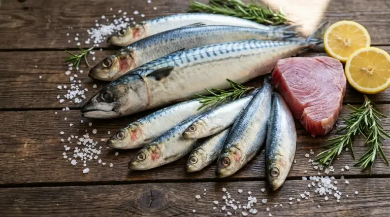 Pesci azzurri freschi su tavolo di legno con limone, rosmarino e sale grosso