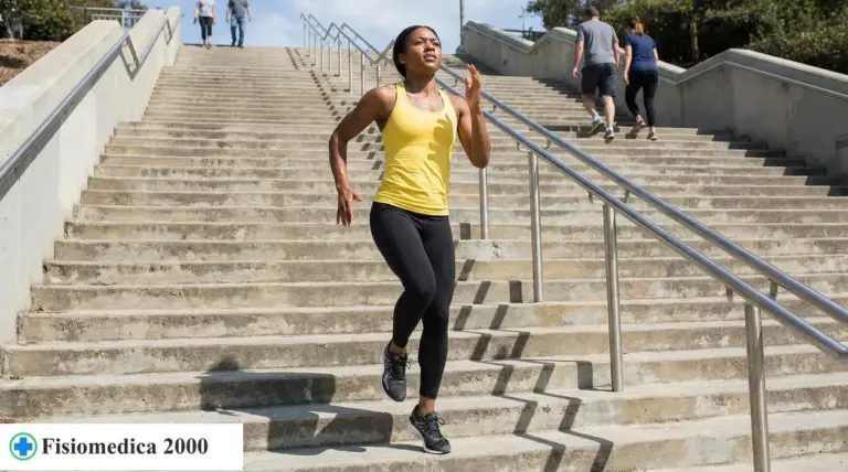 Una persona corre su una lunga scalinata all’aperto, durante un allenamento per migliorare resistenza e forza delle gambe