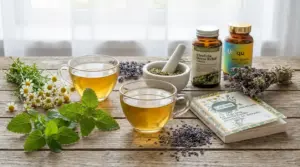 Tazze di tisana con erbe medicinali, menta, camomilla e lavanda su tavolo in legno per rilassarsi e ridurre lo stress