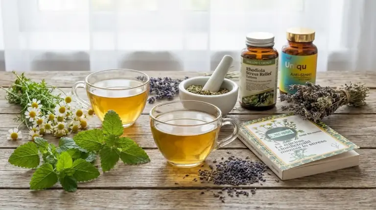 Tazze di tisana con erbe medicinali, menta, camomilla e lavanda su tavolo in legno per rilassarsi e ridurre lo stress