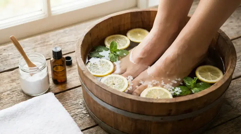 Pediluvio fatto in casa con limone, menta e sale in una bacinella di legno per ridurre il cattivo odore dei piedi