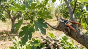 Ramo di fico potato con forbici da potatura poggiate sul tronco