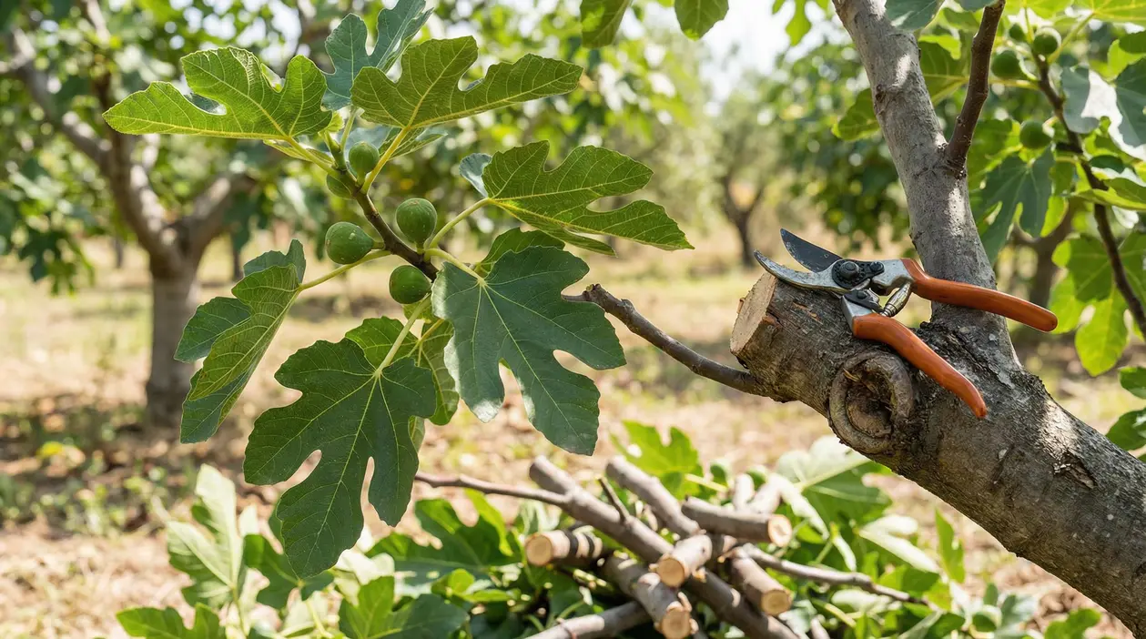 Ramo di fico potato con forbici da potatura poggiate sul tronco