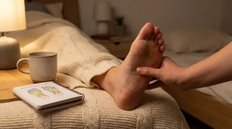 Persona che preme un punto sulla pianta del piede sul letto, in camera da letto con luce soffusa