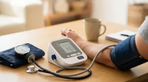 Misurazione della pressione arteriosa a casa con sfigmomanometro e bracciale sul braccio di una persona