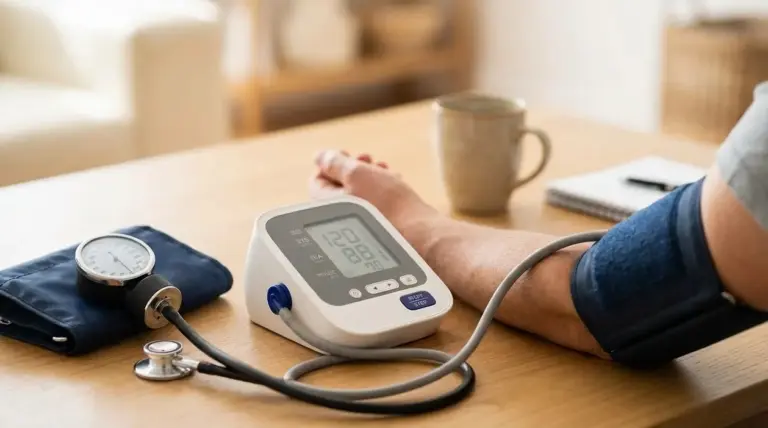 Misurazione della pressione arteriosa a casa con sfigmomanometro e bracciale sul braccio di una persona